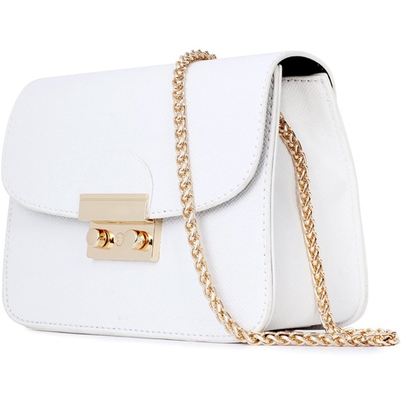 Ivory pebbled leather crossbody bag on long gold chain shoulder  strap - Picture 9 of 14